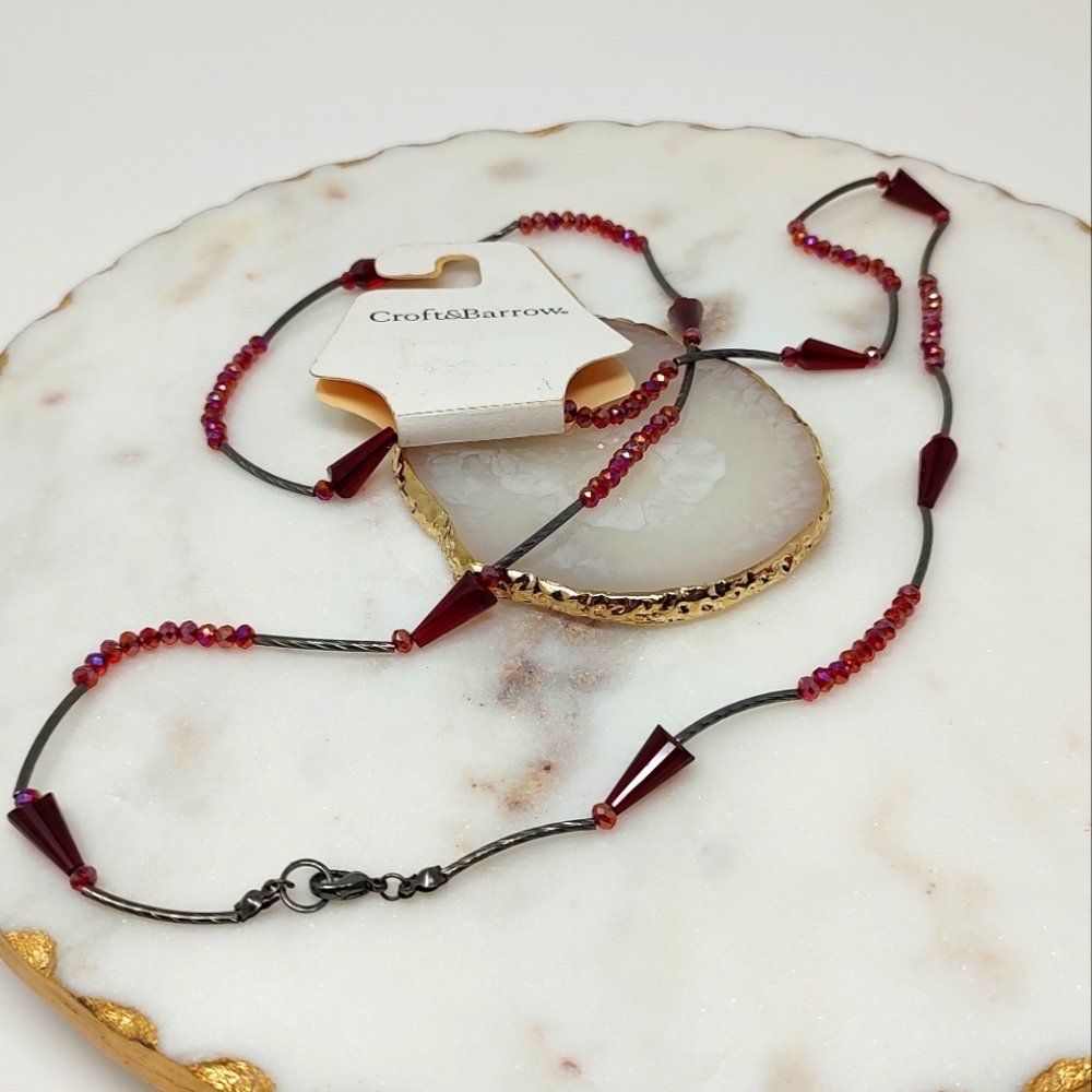 NWT Croft & Barrow red shiny beads and metallic gray long necklace